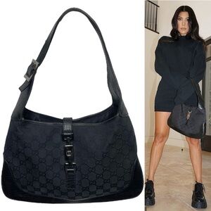 GUCCI Jackie 1961 Black Leather Monogram Canvas Shoulder Bag Handbag Vintage